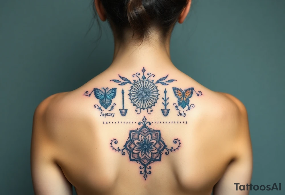 Tattoo on back that represents my family’s birthdays, January, September, June, May, July without putting words on tattoo idea