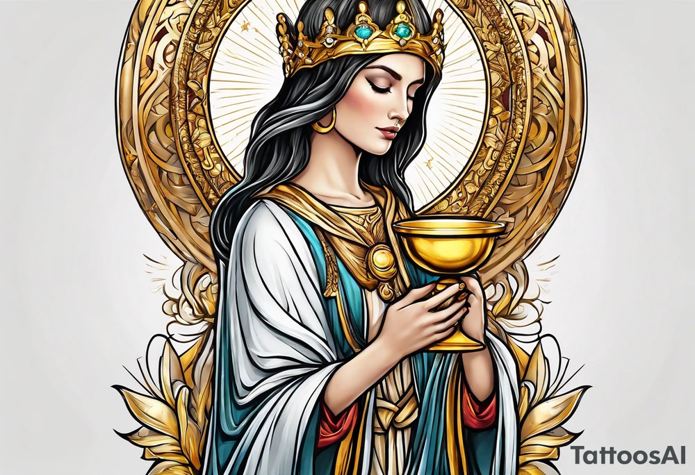 holy saint woman turned away with golden halo holding a chalice tattoo idea