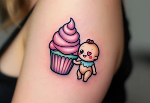 A pink cupcake holding hands with a baby muffin, with heart eyes and big smiles, outlined in black with pastel colors. tattoo idea