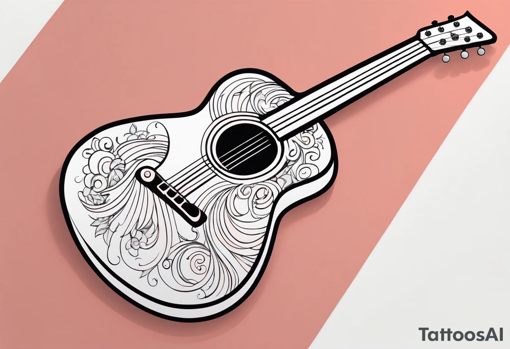 A minimalist guitar design, small in size, with clean lines and vintage detailing. The guitar represents a deep connection to music, with a classic, understated design that captures its essence without embellishments. tattoo idea