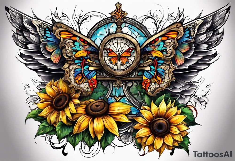 Winged cross with sunflower and butterflies tattoo idea