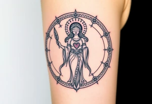 A blindfolded goddess standing in the center of a cosmic circle, with one hand holding a feather and the other a heart, symbolizing fairness in karma. tattoo idea