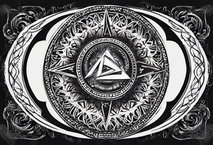 Simplistic symbol large delta inside a circle. Circle is made from chain and with small letters k sprinkled inside. tattoo idea