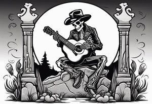 A skeleton with a cowboy hat on playing the guitar while sitting on a gravestone engraved with the words "Still Kickin'" and a pair of cowboy boots tattoo idea