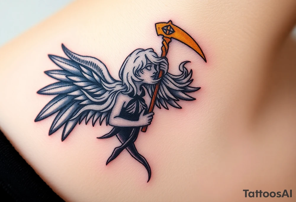 A black-winged angel with flowing silver hair, holding a glowing golden scythe tattoo idea