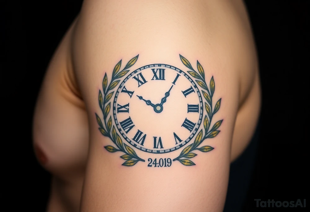 A Roman numeral clock surrounded by olive branches, included baby´s name "Boris" and birth date "24. 09. 2023 in muted green and gold tattoo idea