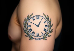 A Roman numeral clock surrounded by olive branches, included baby´s name "Boris" and birth date "24. 09. 2023 in muted green and gold tattoo idea