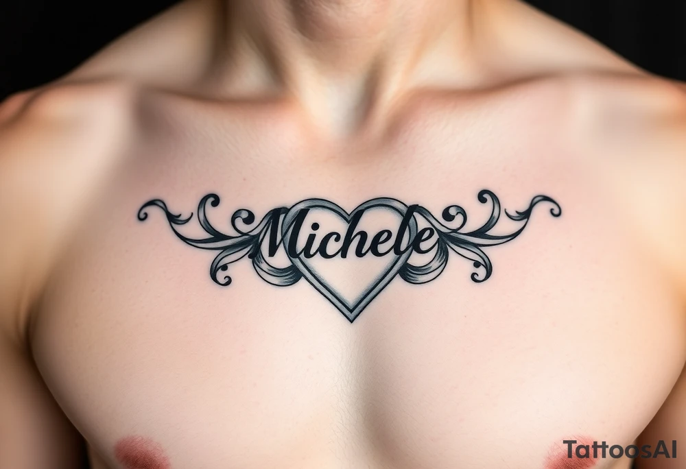 Create a tattoo on a man’s chest of the name Michelle. Claddagh heart tattoo idea