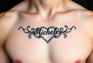 Create a tattoo on a man’s chest of the name Michelle. Claddagh heart tattoo idea
