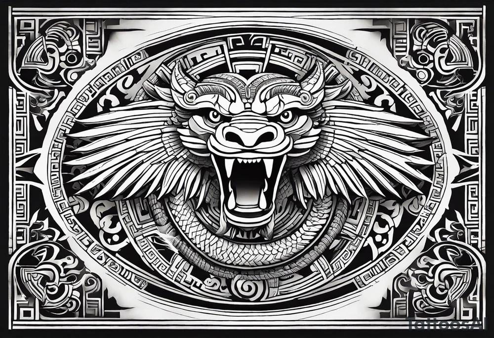 Design a masculine and fierce right chest tattoo of Quetzalcoatl, the Aztec feathered serpent god. Make Quetzalcoatl appear in mid-flight, with his powerful, feathered body coiling dynamically across the chest. His face should have sharp, intense features, with fierce, piercing eyes and serpent fangs bared. Incorporate traditional Aztec geometric patterns, like jagged lines and spirals, in the wings and tail, to emphasize strength and power. Use bold, black ink with subtle shading to give depth and texture, while ensuring the design stays sharp and aggressive. The feathers should appear sharp and stylized, giving an aura of both wisdom and danger. tattoo idea