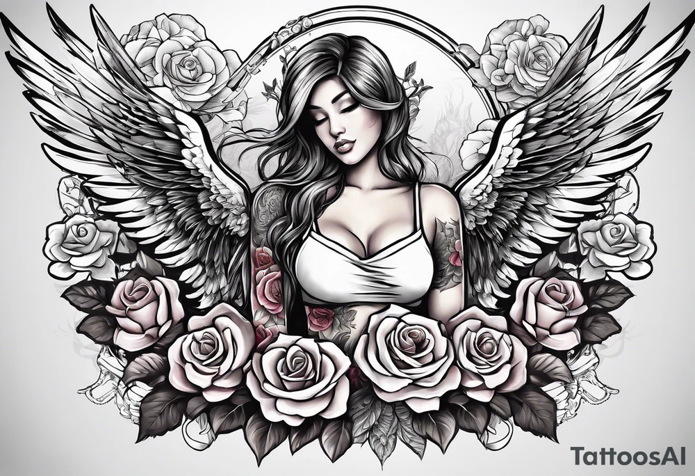 Beautiful angle standing from head to toe  with wings and tattoos surrounded by roses holding a ak 47 tattoo idea