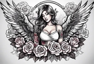 Beautiful angle standing from head to toe  with wings and tattoos surrounded by roses holding a ak 47 tattoo idea
