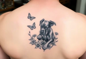 Small tattoo of Great Dane puppy playing in flowers and chasing a butterfly. tattoo idea