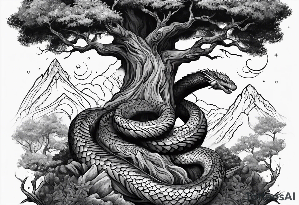 norse mythology world serpent wrap around giant tree tattoo design tattoo idea