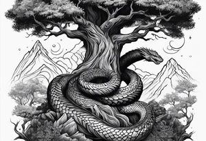 norse mythology world serpent wrap around giant tree tattoo design tattoo idea