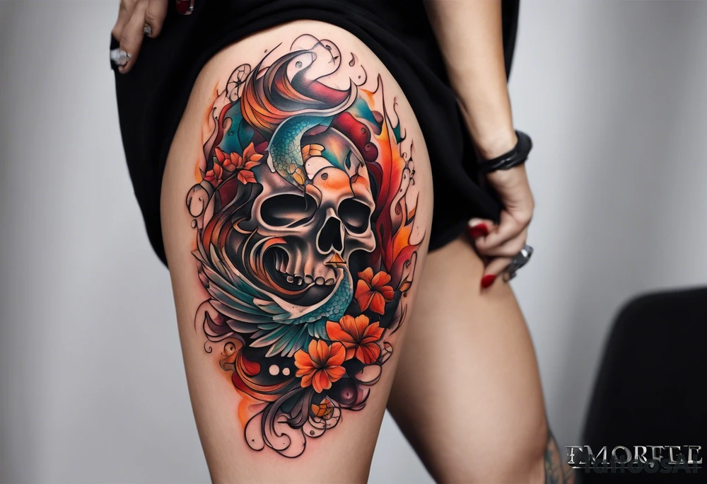 Knee tattoo in fall colors with water flow washes tattoo idea