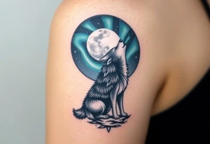 lone wolf howling at full moon with northern lights backdrop tattoo idea