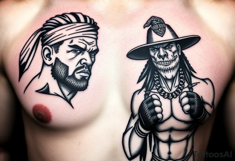 i need tatoo of merab(the machine) and ilia(el matador) ufc fighters
, i need machine as person form with papakha(headgear on first photo) and second person something related to el matador, black tattoo style, it will be placed on stomach
i need caricatural figures(whole person whole body) of machine with papakha hat and something related to el matador tattoo idea