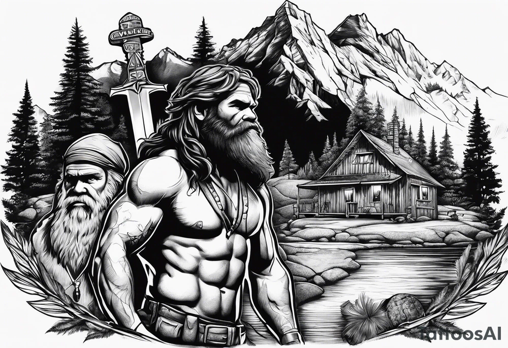 caveman weekend with cross, golf, bourbon, campfire and cabin tattoo idea