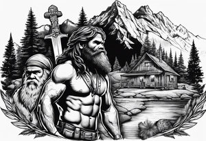 caveman weekend with cross, golf, bourbon, campfire and cabin tattoo idea
