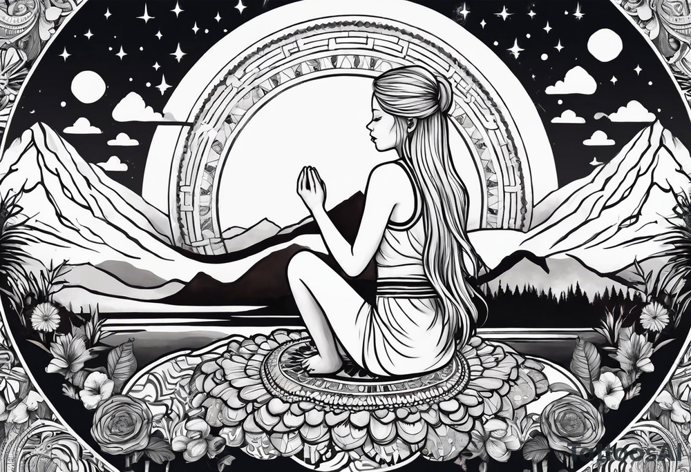 Straight blonde hair girl meditating facing away toward mountains surrounded by mushrooms crescent moon mandala circular design black and white striped dress tattoo idea