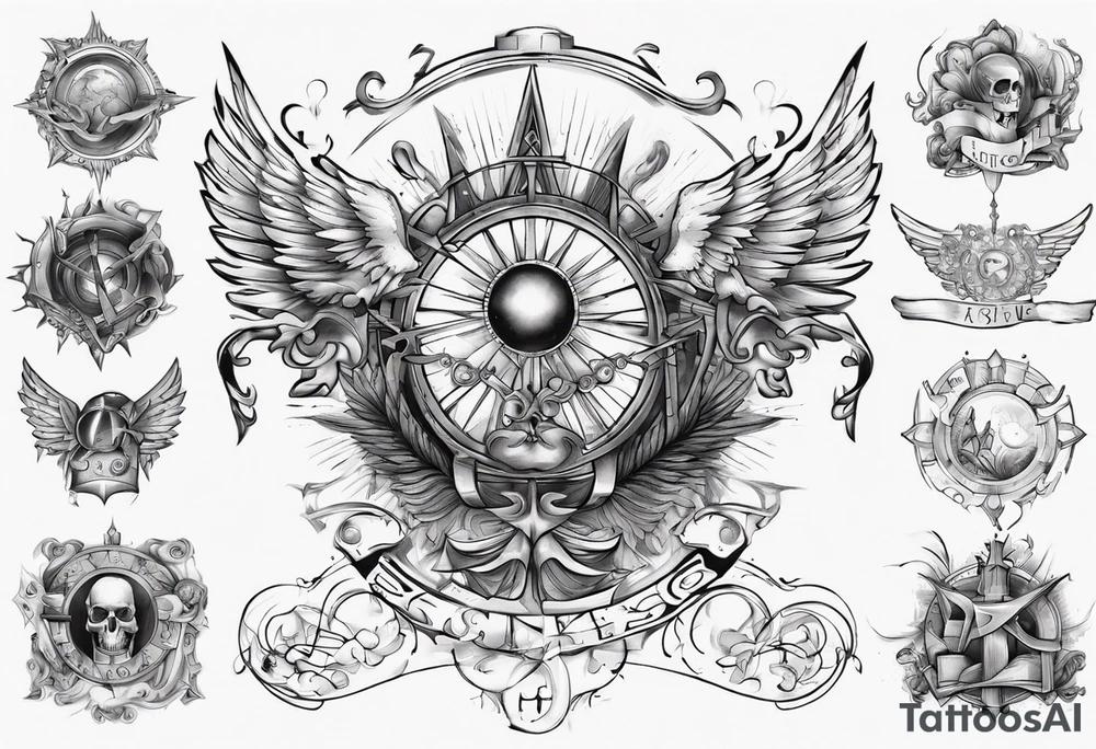Chest tatoo abstraction with sun and letters and angels tattoo idea