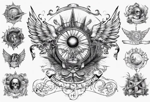 Chest tatoo abstraction with sun and letters and angels tattoo idea