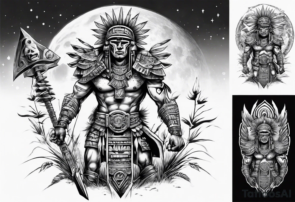 Aztec cyber warrior standing tall after a battle in a field under the moon tattoo idea