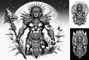 Aztec cyber warrior standing tall after a battle in a field under the moon tattoo idea
