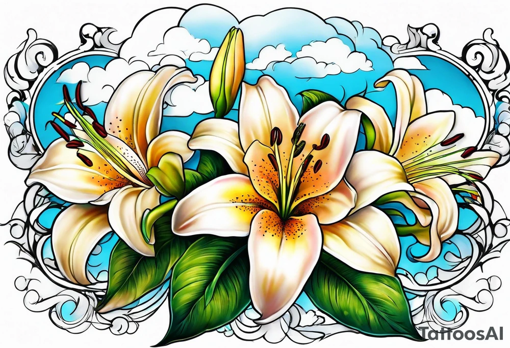 Clouds with lily flowers tattoo idea