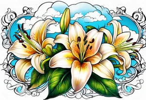 Clouds with lily flowers tattoo idea