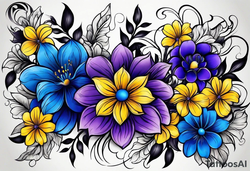 Blue yellow and purple flowers arm sleeve tattoo idea