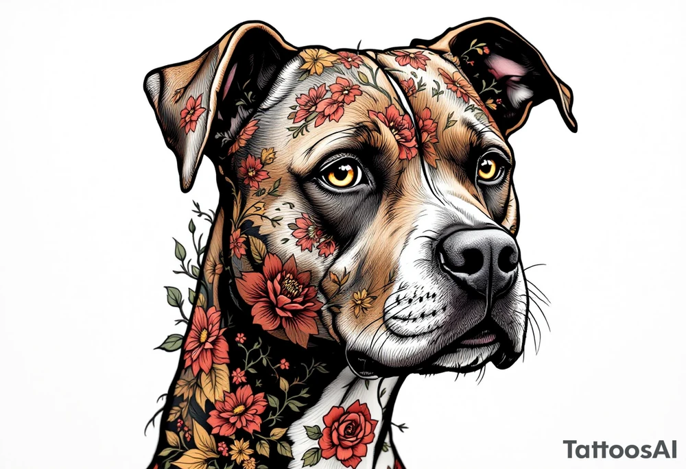 Pitbull made of floral patterns, full-body design with brown fur subtly blending into red and yellow flowers and green vines. tattoo idea