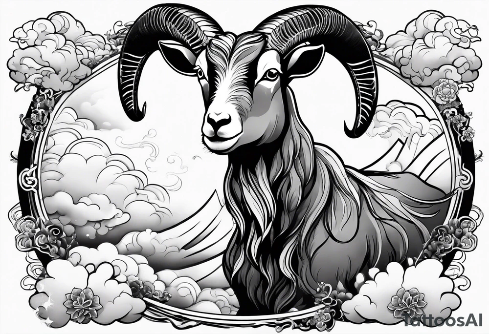 full body goat with kumo clouds in Japanese art style tattoo idea