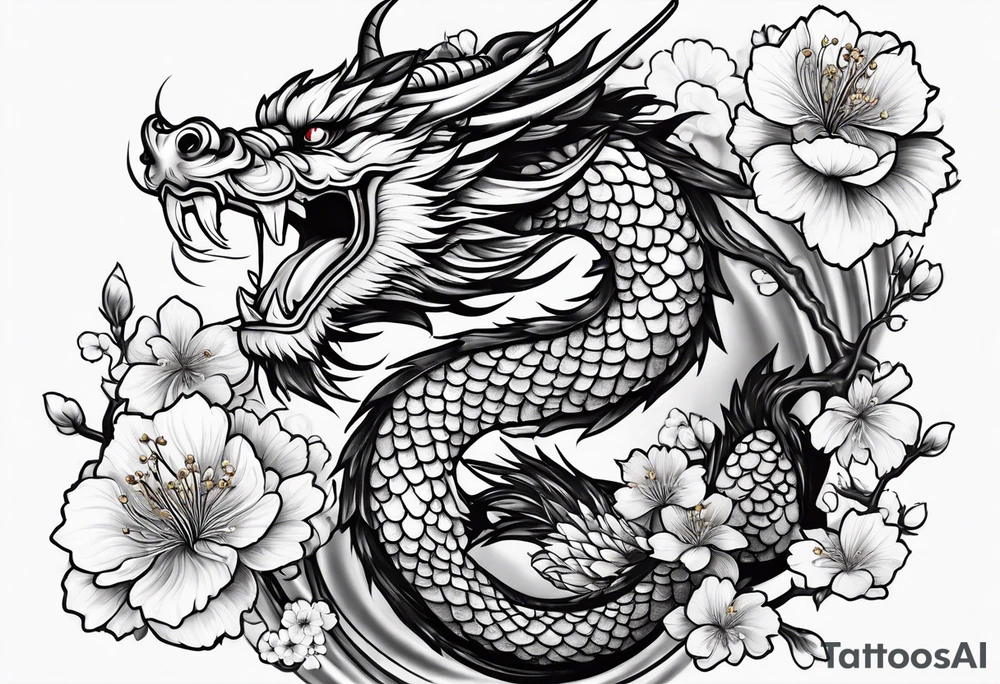 Japanese dragon cherry blossoms tattoo idea