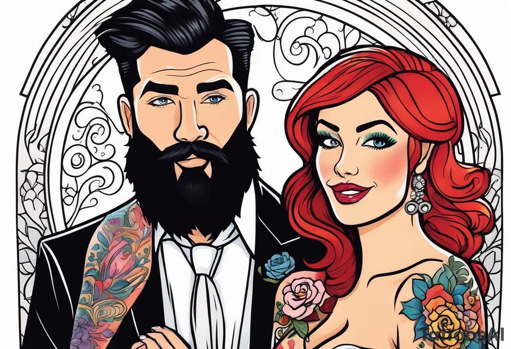 Busty red haired woman with a bearded man who has black hair getting married tattoo idea