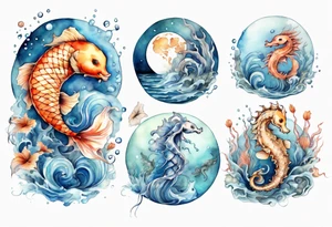 Water scene, featuring koi karp, jellyfish, seahorses and the moon. With nods to Pisces. tattoo idea