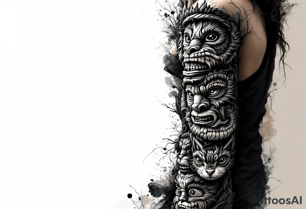 A black and brown totem pole with stacked animal faces carved into bark-like texture. tattoo idea