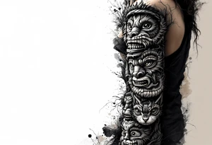 A black and brown totem pole with stacked animal faces carved into bark-like texture. tattoo idea