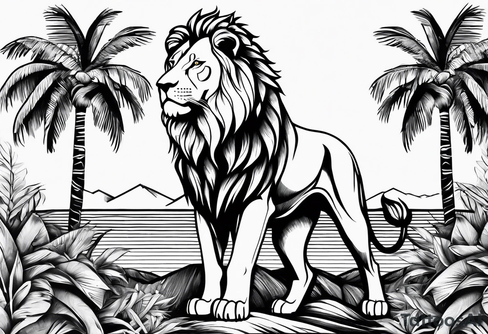 lion with palm trees half sleeve tattoo idea