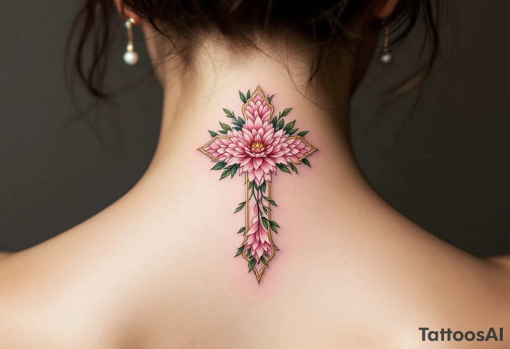 Lada's Symbol — A symmetrical floral cross in soft rose pink and leafy green, resembling a blooming peony, surrounded by a golden halo of light. tattoo idea