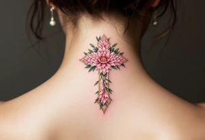 Lada's Symbol — A symmetrical floral cross in soft rose pink and leafy green, resembling a blooming peony, surrounded by a golden halo of light. tattoo idea