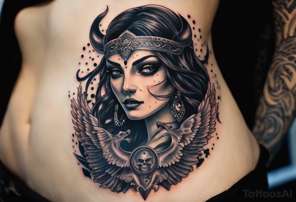 black kali, goddess pirate, alien, angel, pachamama, valkrye, warrior, flying, skull, lotus azul, wing, eagle, zenza resonance, stars, 5D, anahata chakra, death, durga, riding on a tiger, flying lady, chest tatoo tattoo idea