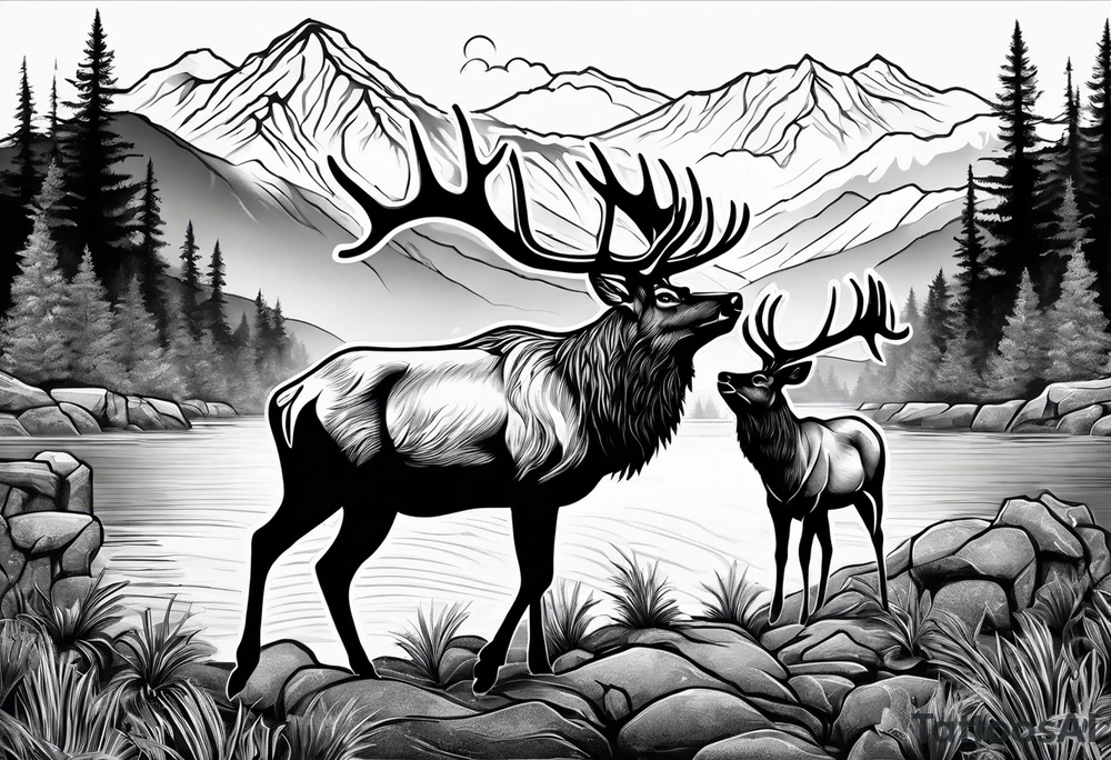 two elk fighting with mountains and stream in background tattoo idea