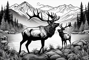 two elk fighting with mountains and stream in background tattoo idea