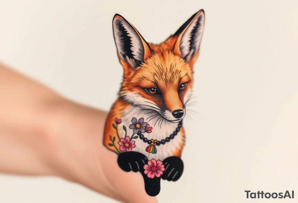 adult fox with jewelry smelling wild flowers tattoo idea