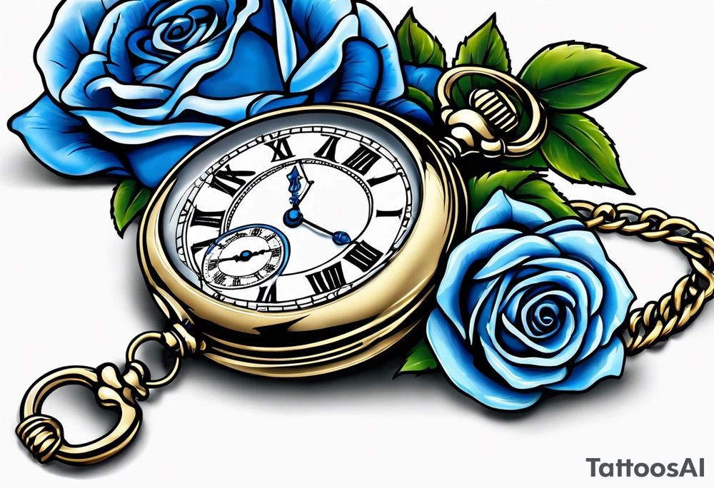 Pocket watch with blue roses tattoo idea