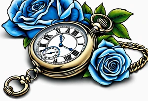 Pocket watch with blue roses tattoo idea