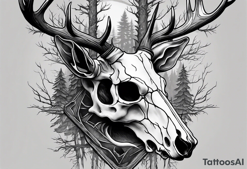 A SCARY side view of a decayed deer skull NO SKIN JUST BONE surrounded by a forest fire in background tattoo idea