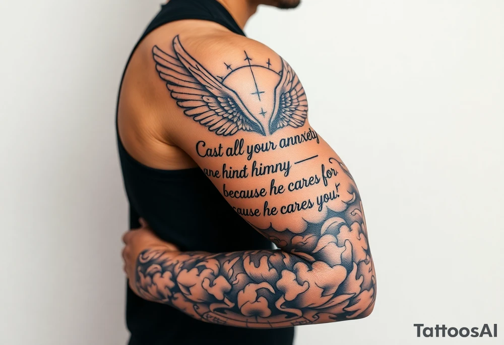 cast all your anxiety on him because he cares for you" with angels and clouds tattoo idea